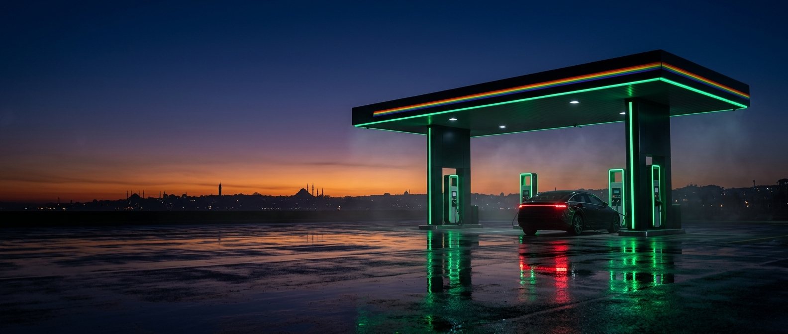 An electric car charging under a green-lit charging canopy, with the Istanbul skyline behind