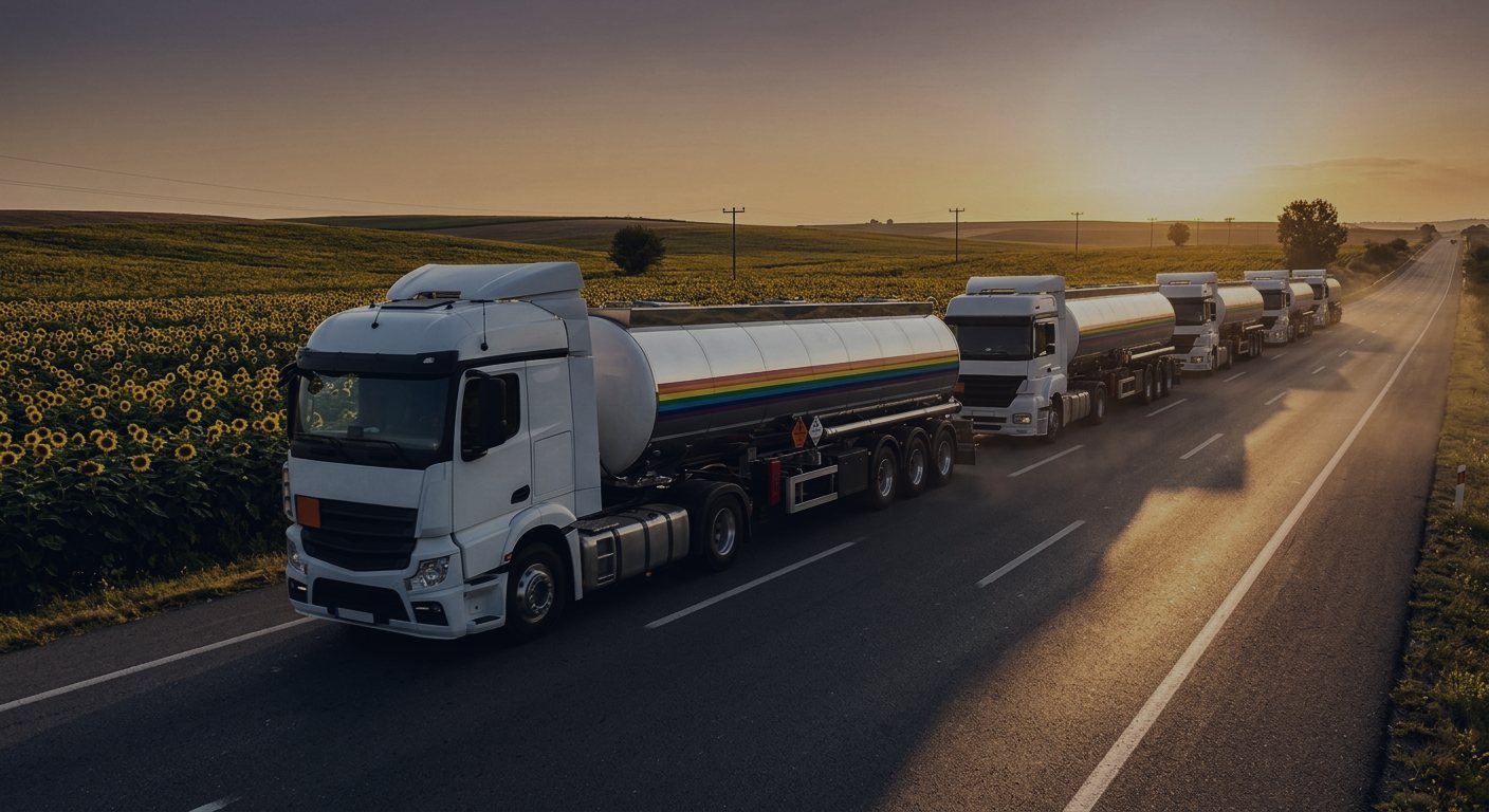 A convoy of rainbow-striped tankers on a road between sunflower fields