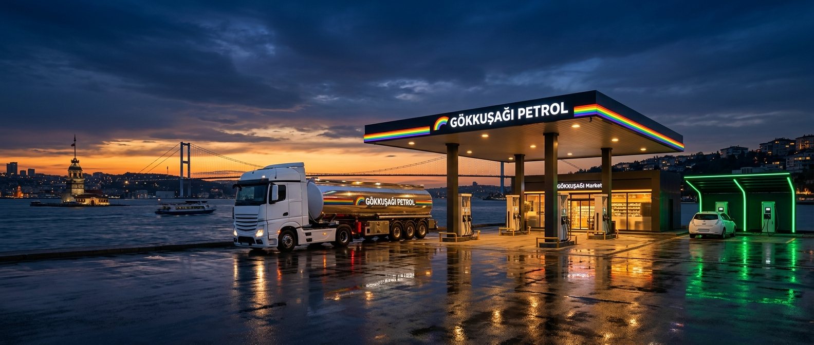 Gökkuşağı Petrol station canopy and a chrome tanker at blue hour, with the Bosphorus bridge and Maiden's Tower behind
