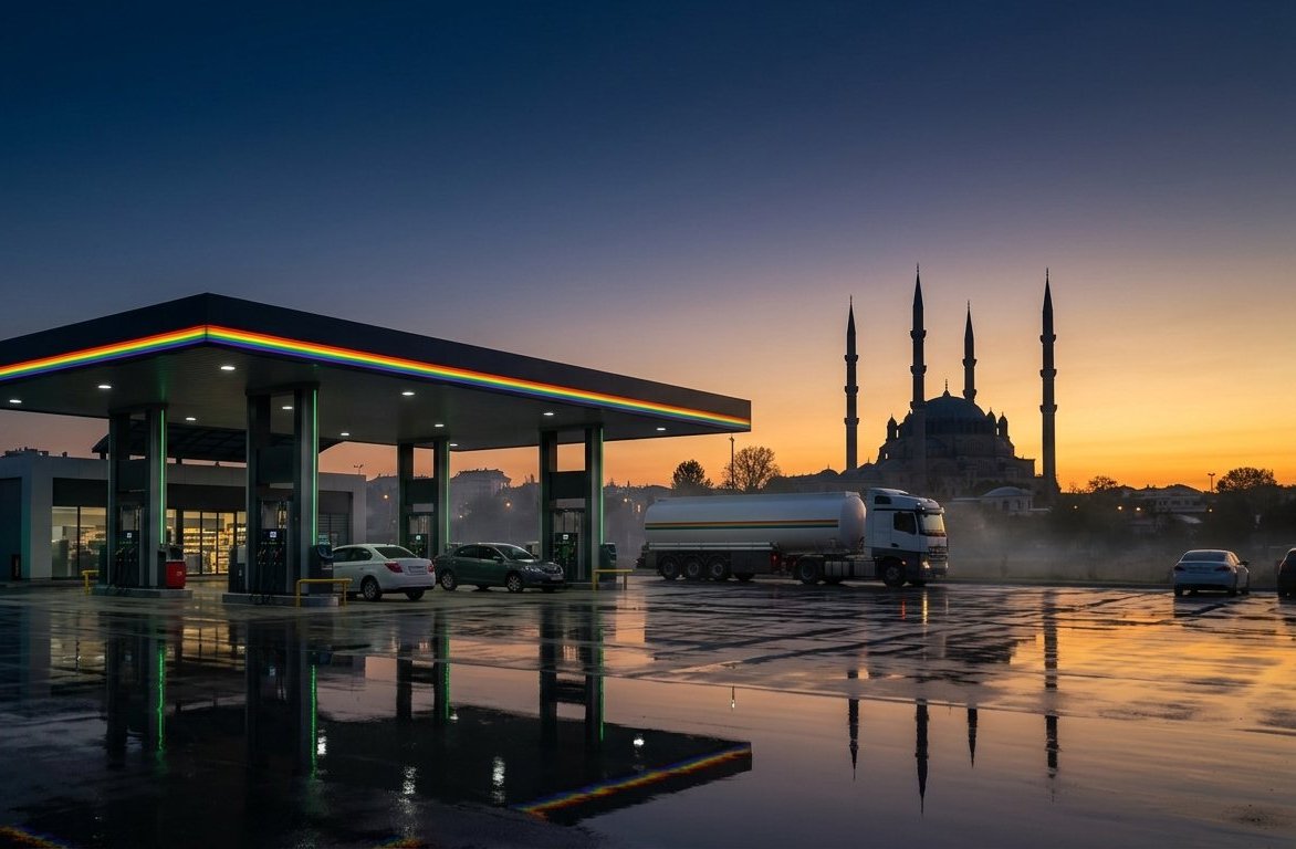 A Gökkuşağı Petrol station: rainbow-striped canopy, pumps and a tanker