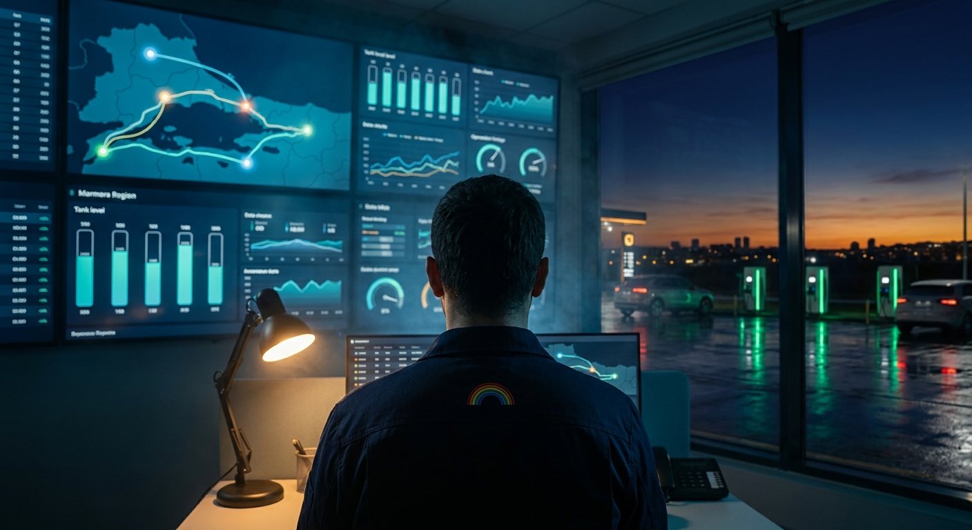 Station operations room with screens showing a Marmara map and tank levels