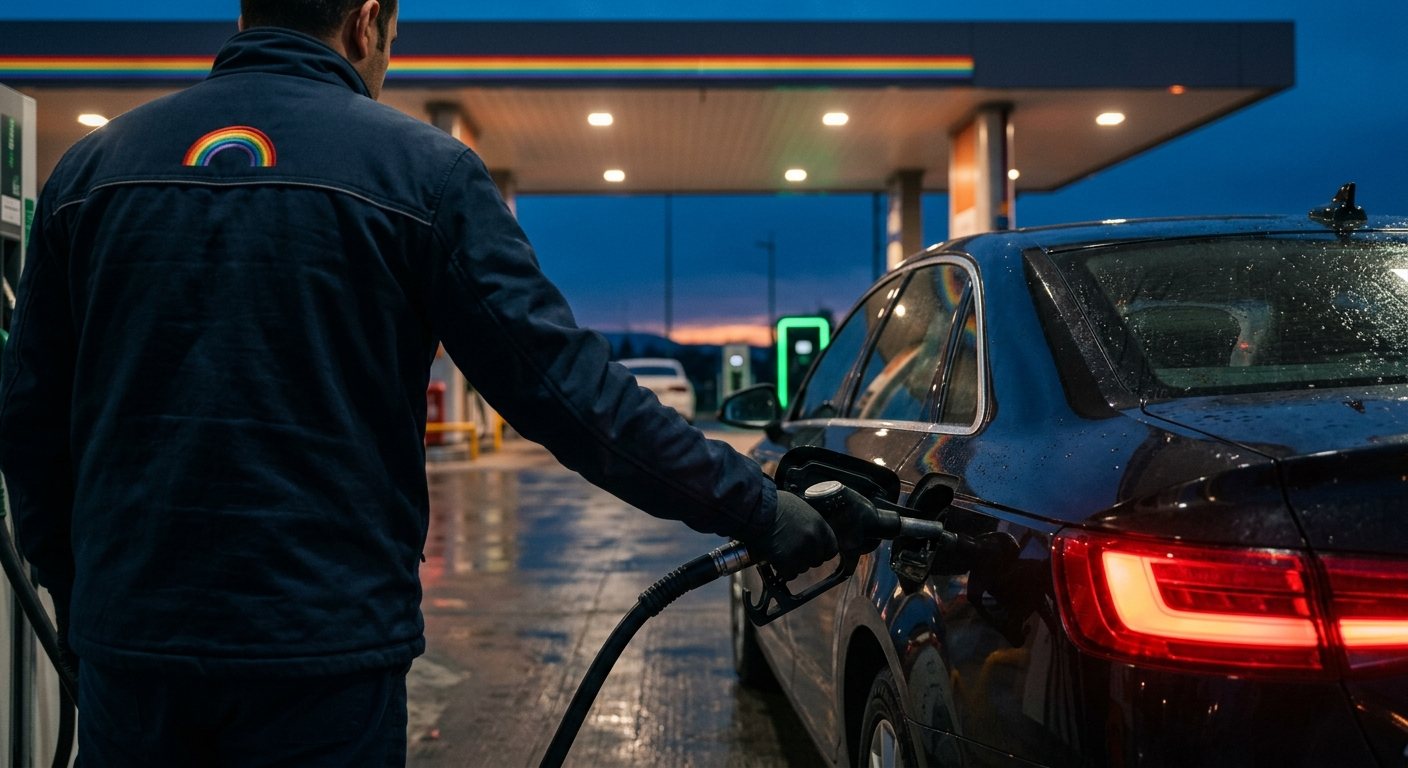 A station attendant with a rainbow emblem on his back refuelling a car