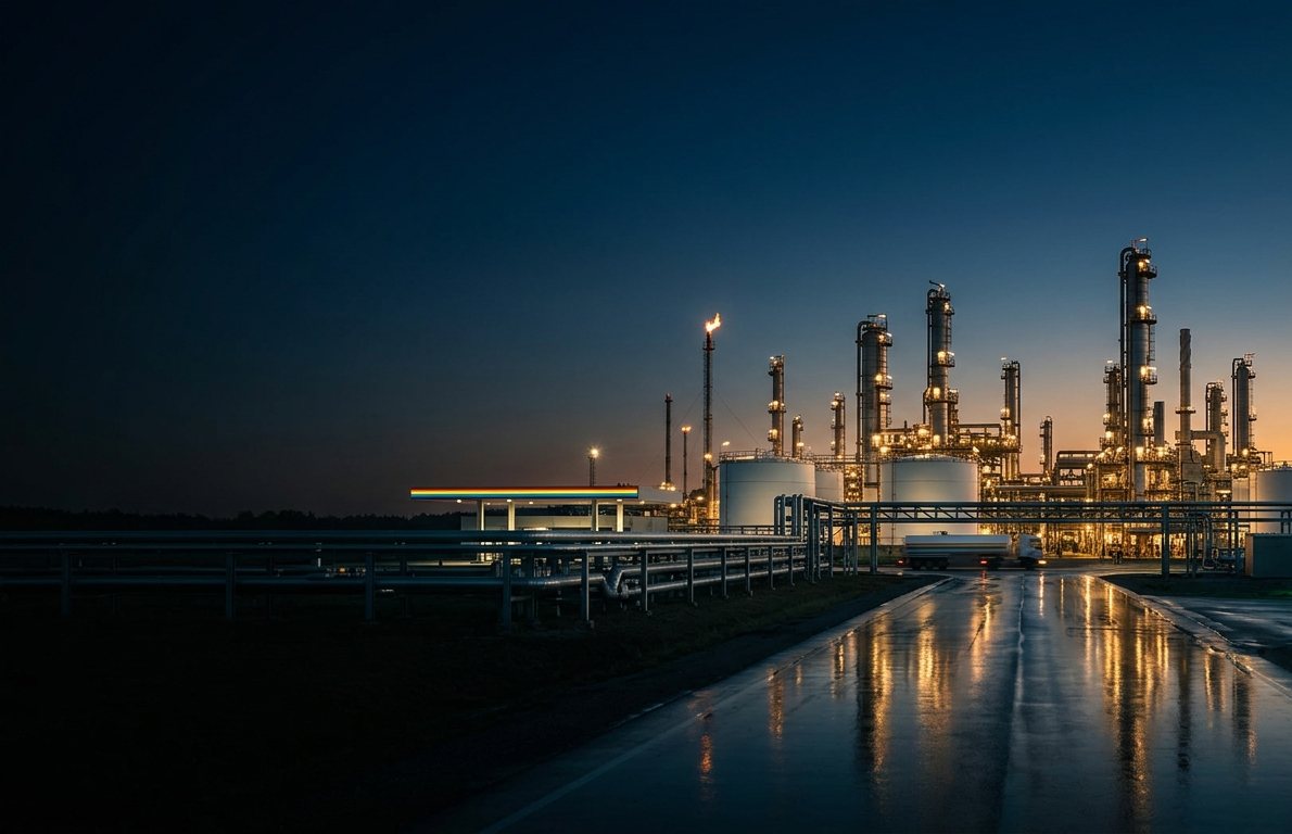 A refinery at dusk with lit distillation towers and storage tanks